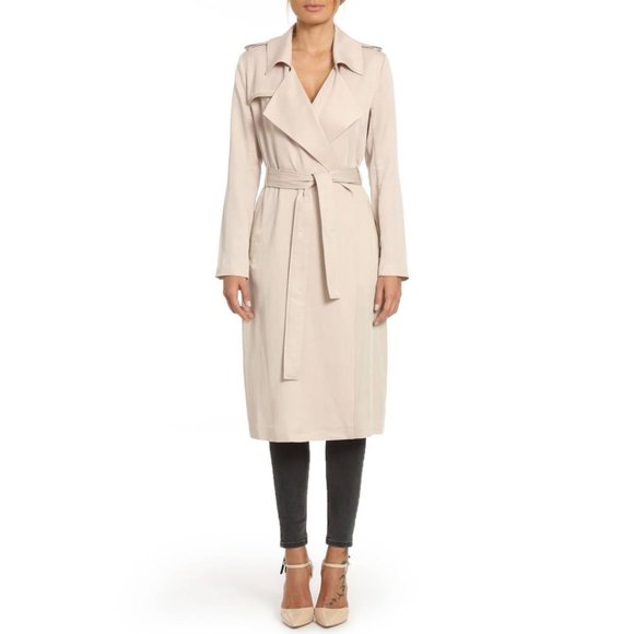 New Badgley Mischka Beige Angelina Draped Faux Leather Trim Trench Coat Size M